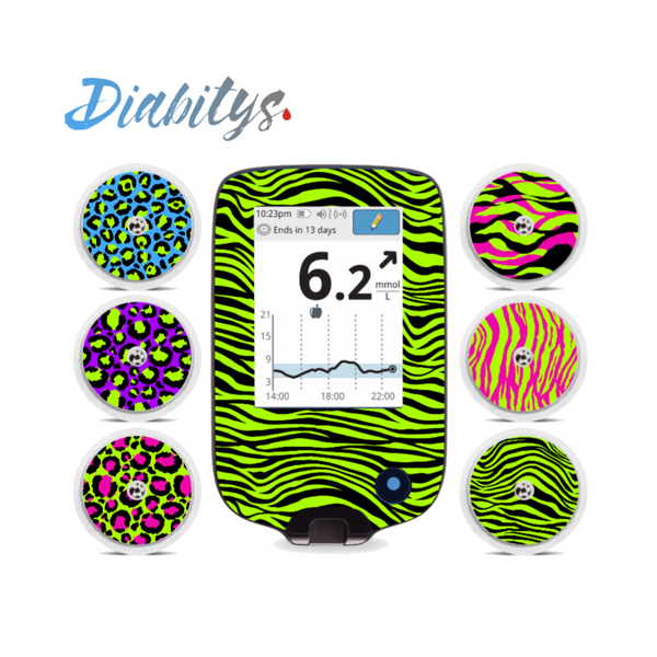 Freestyle Libre/libre 2 Reader Sticker and 6 Sensor Stickers - Neon Safari Black Stripe