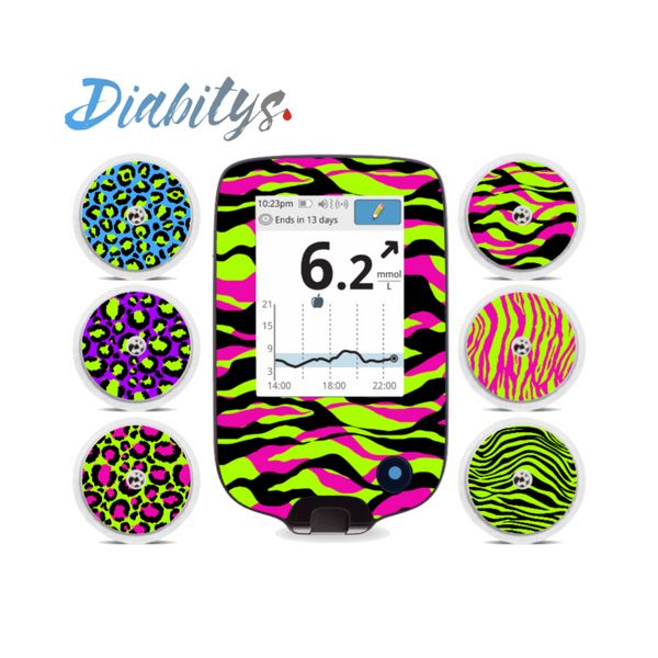 Freestyle Libre/libre 2 Reader Sticker and 6 Sensor Stickers - Neon Safari Multi Stripe